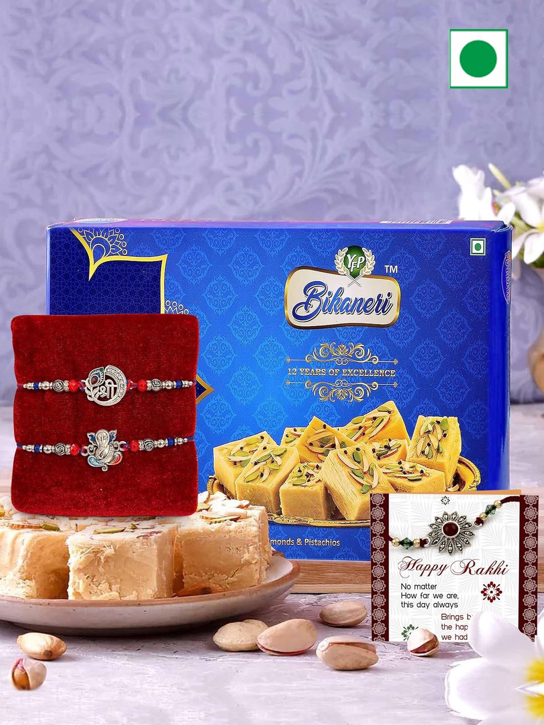 

TIED RIBBONS 5-Pcs Rakhi With Soan Papdi Sweets Gift Hamper, Blue
