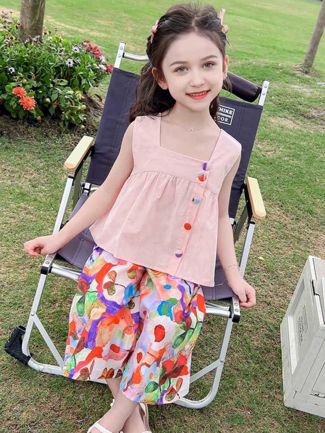 

INCLUD Girls Printed Sleeveless Square Neck Top With Trouser, Pink