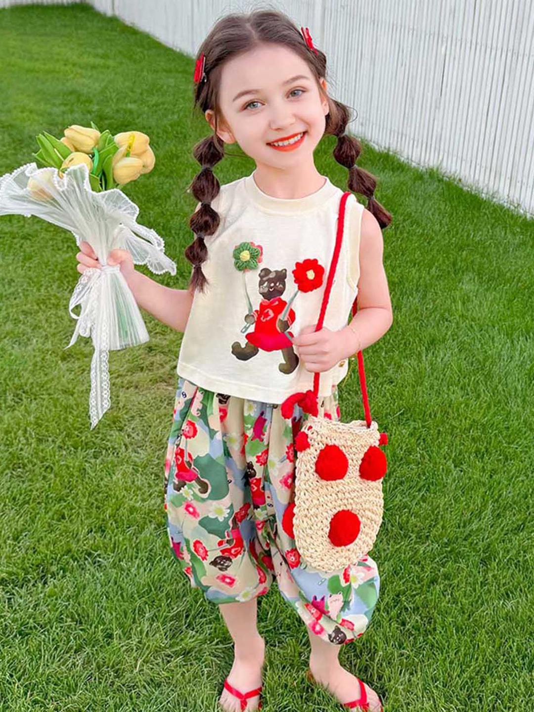 

INCLUD Girls Printed Top with Trousers, Beige