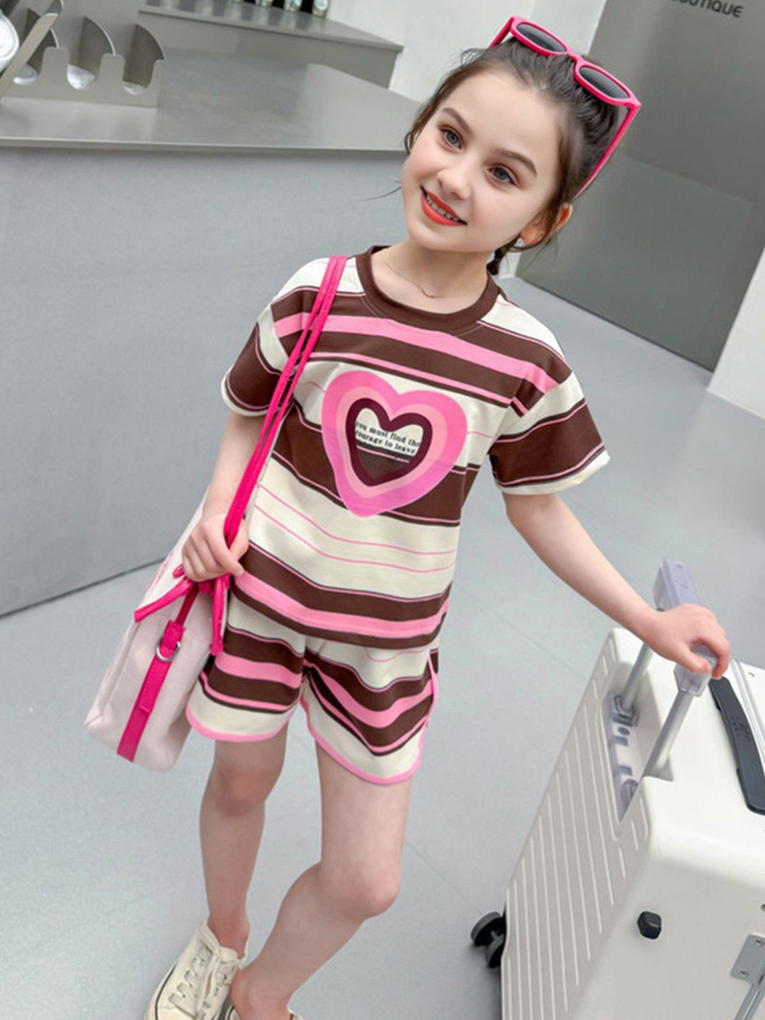 

INCLUD Girls Striped T-shirt with Shorts, Pink