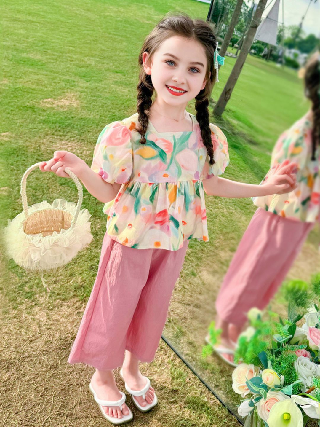 

INCLUD Girls Printed Top with Trousers, Pink