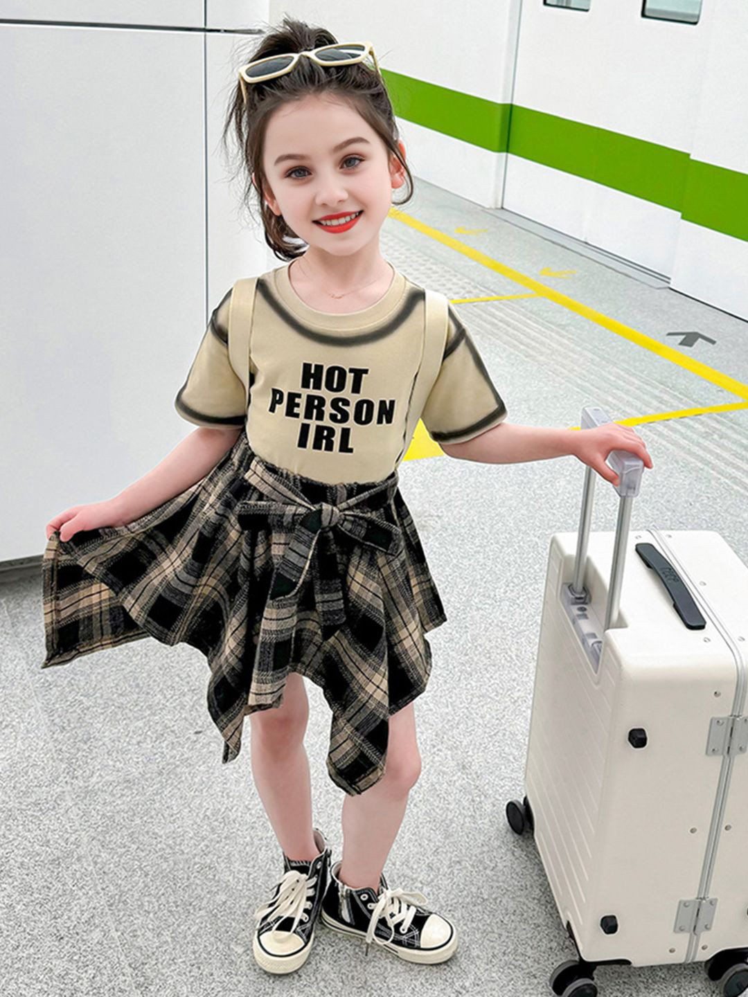

INCLUD Girls Printed T-shirt with Handkerchief Skirt, Khaki
