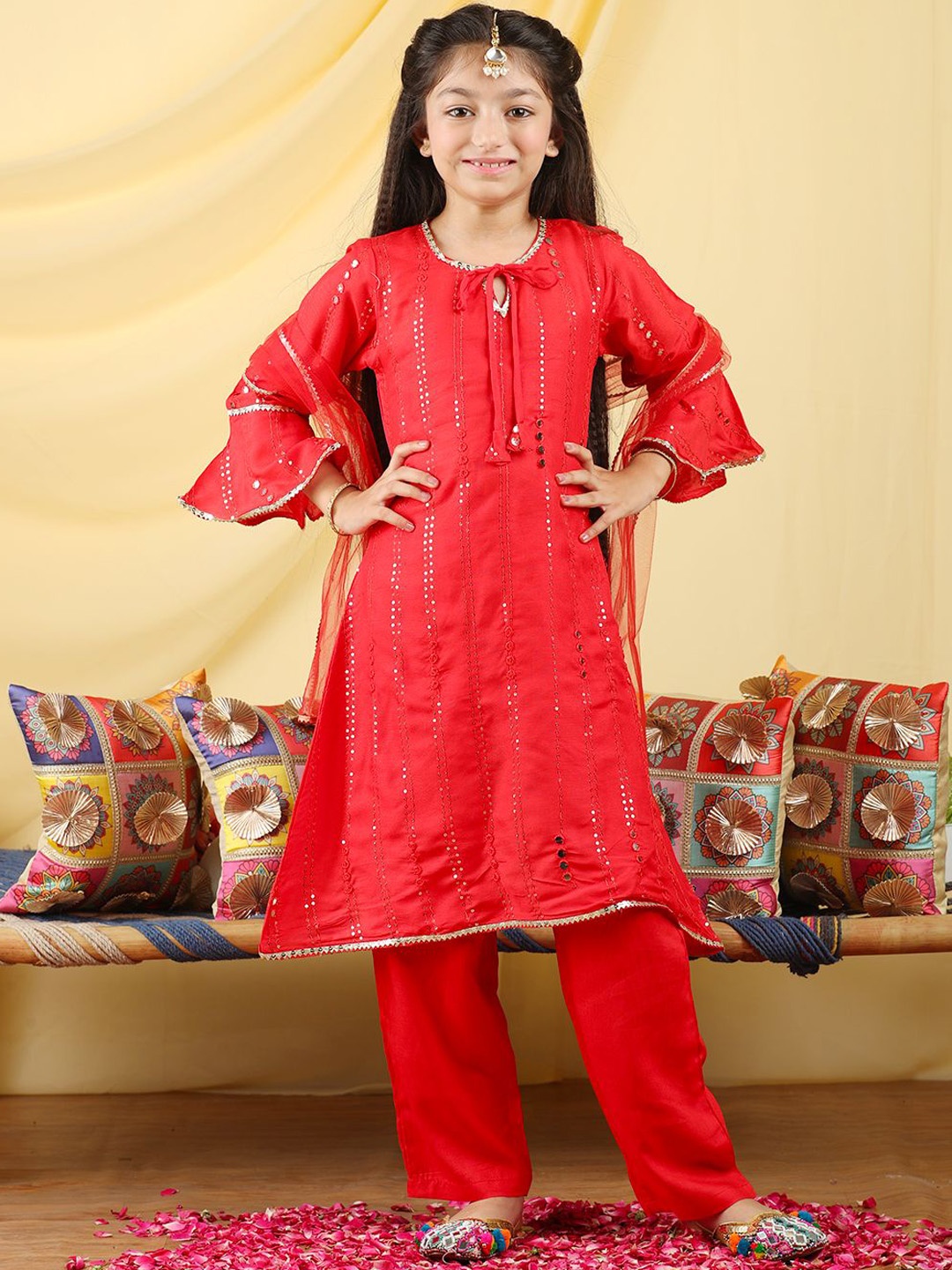 

Cutiekins Girls Embroidered A-Line Sequinned Kurta with Palazzos & Dupatta, Red