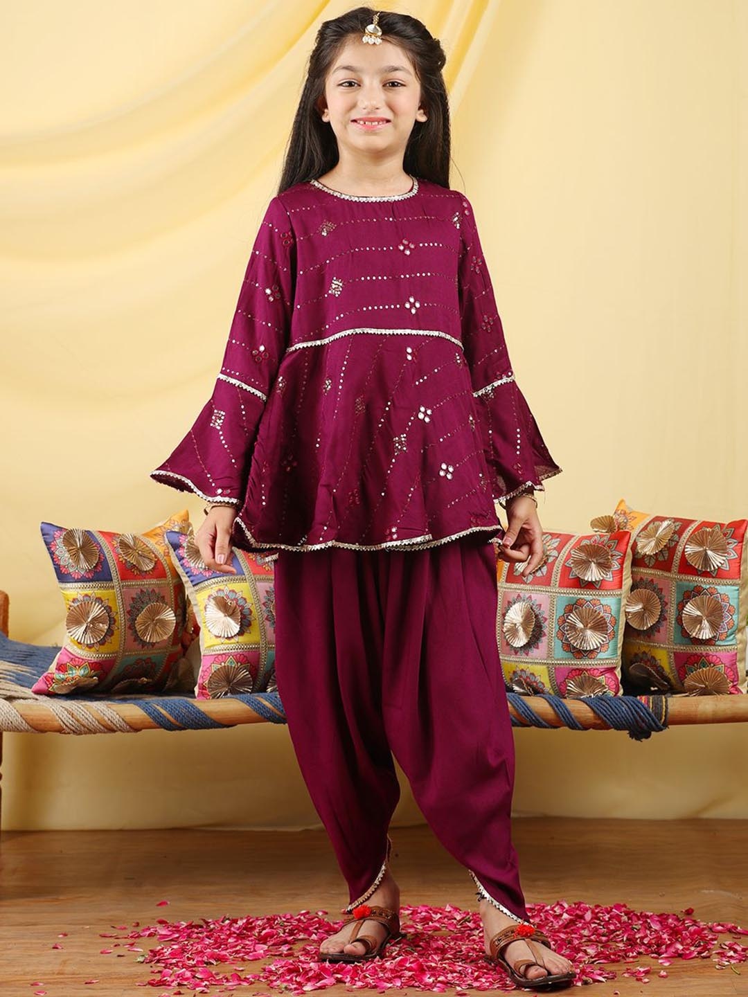

Cutiekins Girls Striped Mirror Work A-Line Kurta With Dhoti, Burgundy