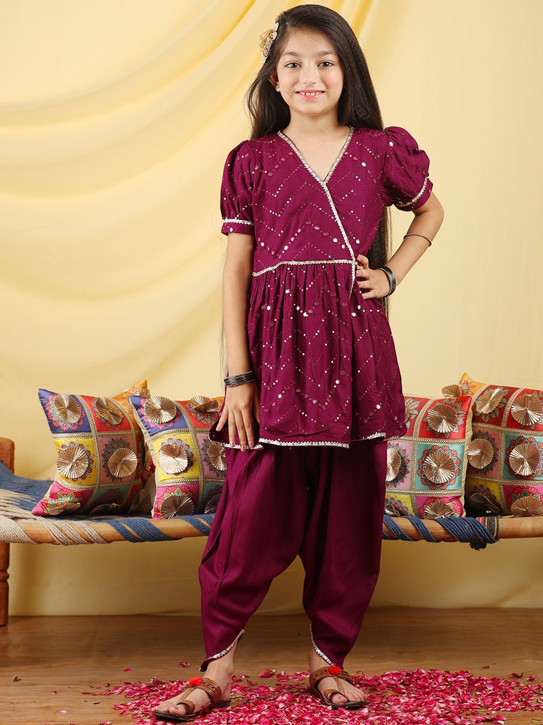

Cutiekins Girls Embroidered Angrakha Mirror Work Kurta with Dhoti Pants, Burgundy
