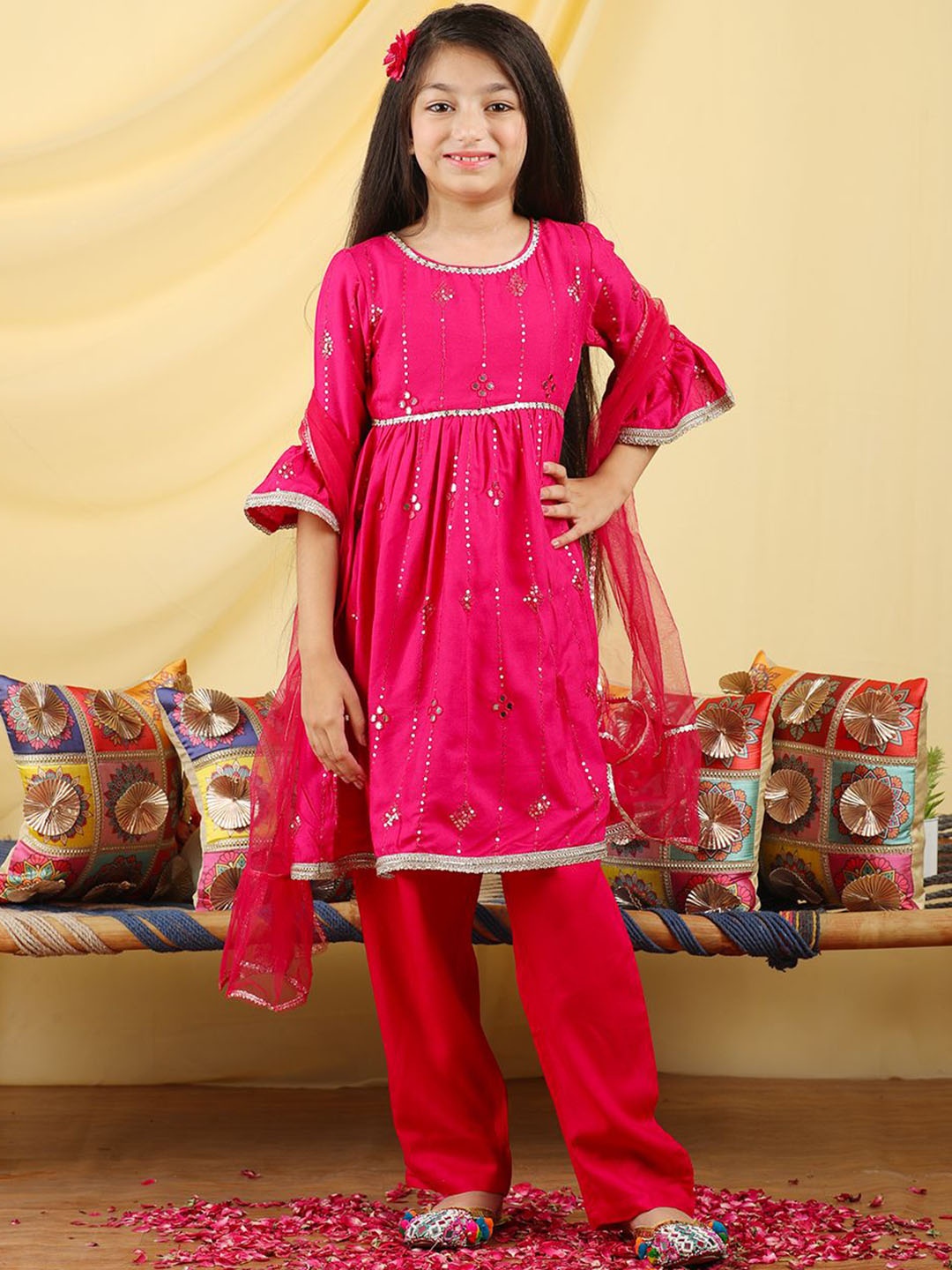 

Cutiekins Girls Striped Mirror Work A-Line Kurta With Palazzos & Dupatta, Magenta
