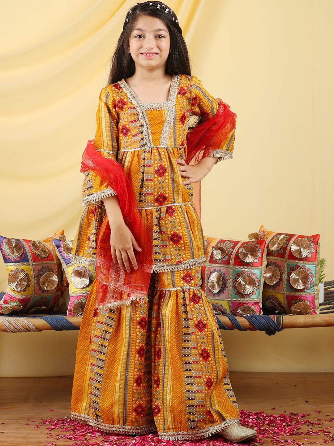 

Cutiekins Girls Ethnic Motifs Embroidered Empire Gotta Patti Kurta with Sharara & Dupatta, Mustard