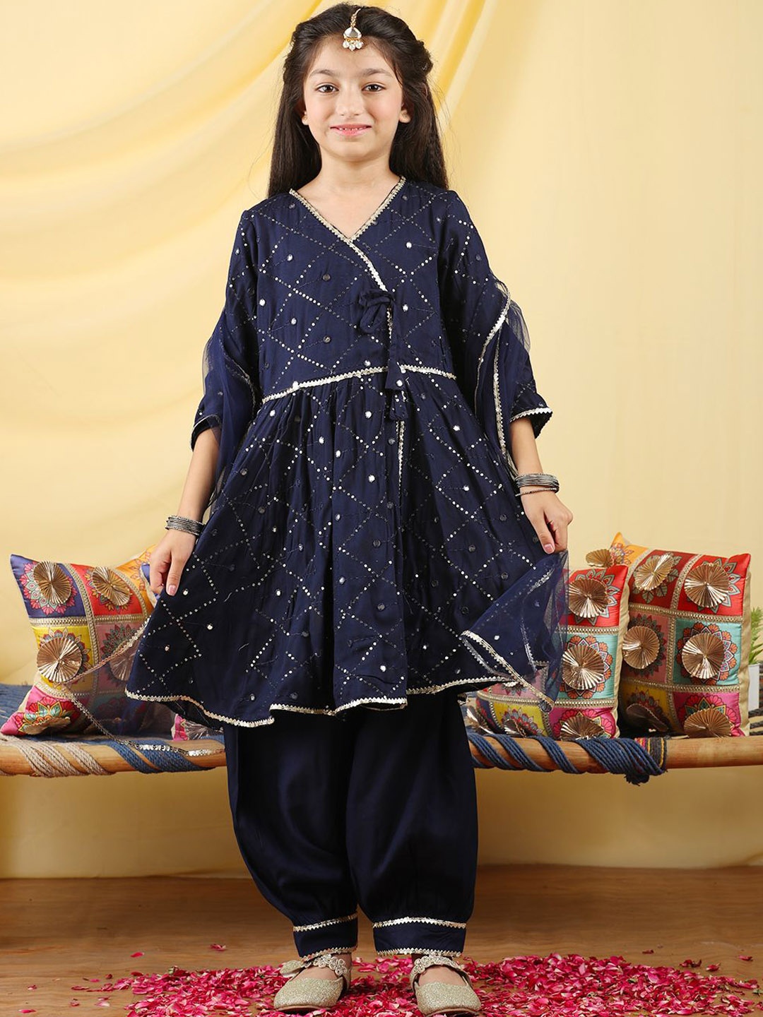 

Cutiekins Girls Embroidered Angrakha Gotta Patti A-Line Kurta With Salwar & Dupatta, Navy blue