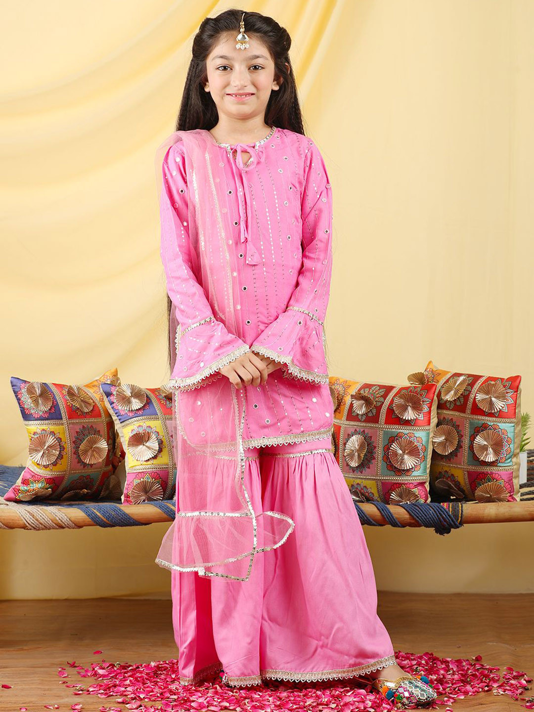 

Cutiekins Girls Striped Embroidered Regular Mirror Work Kurta with Sharara & Dupatta, Pink