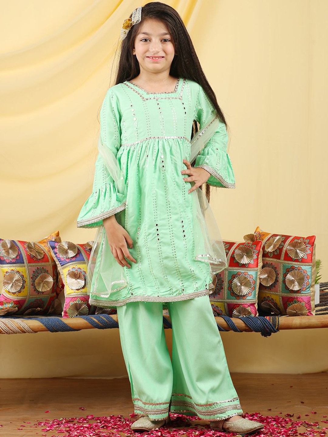 

Cutiekins Girls Embroidered Mirror Work A-Line Kurta Set, Green