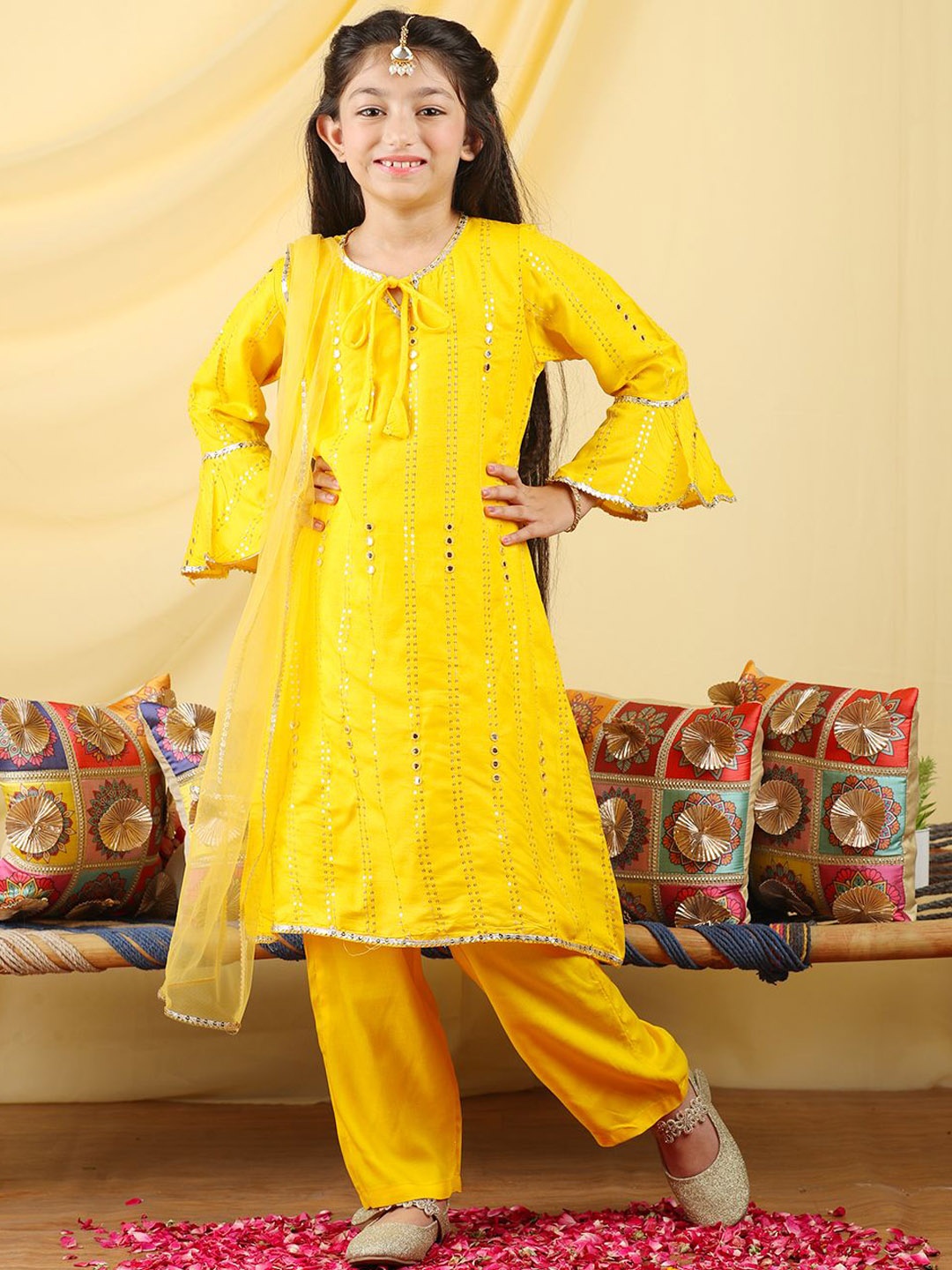 

Cutiekins Girls Embroidered Regular Mirror Work Kurta with Trousers & With Dupatta, Yellow