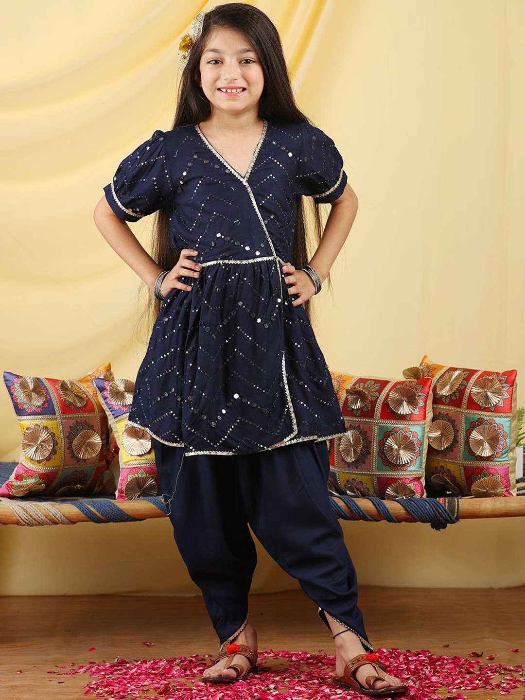 

Cutiekins Girls Geometric Embroidered Mirror Work Angrakha A-Line Kurta With Dhoti, Navy blue