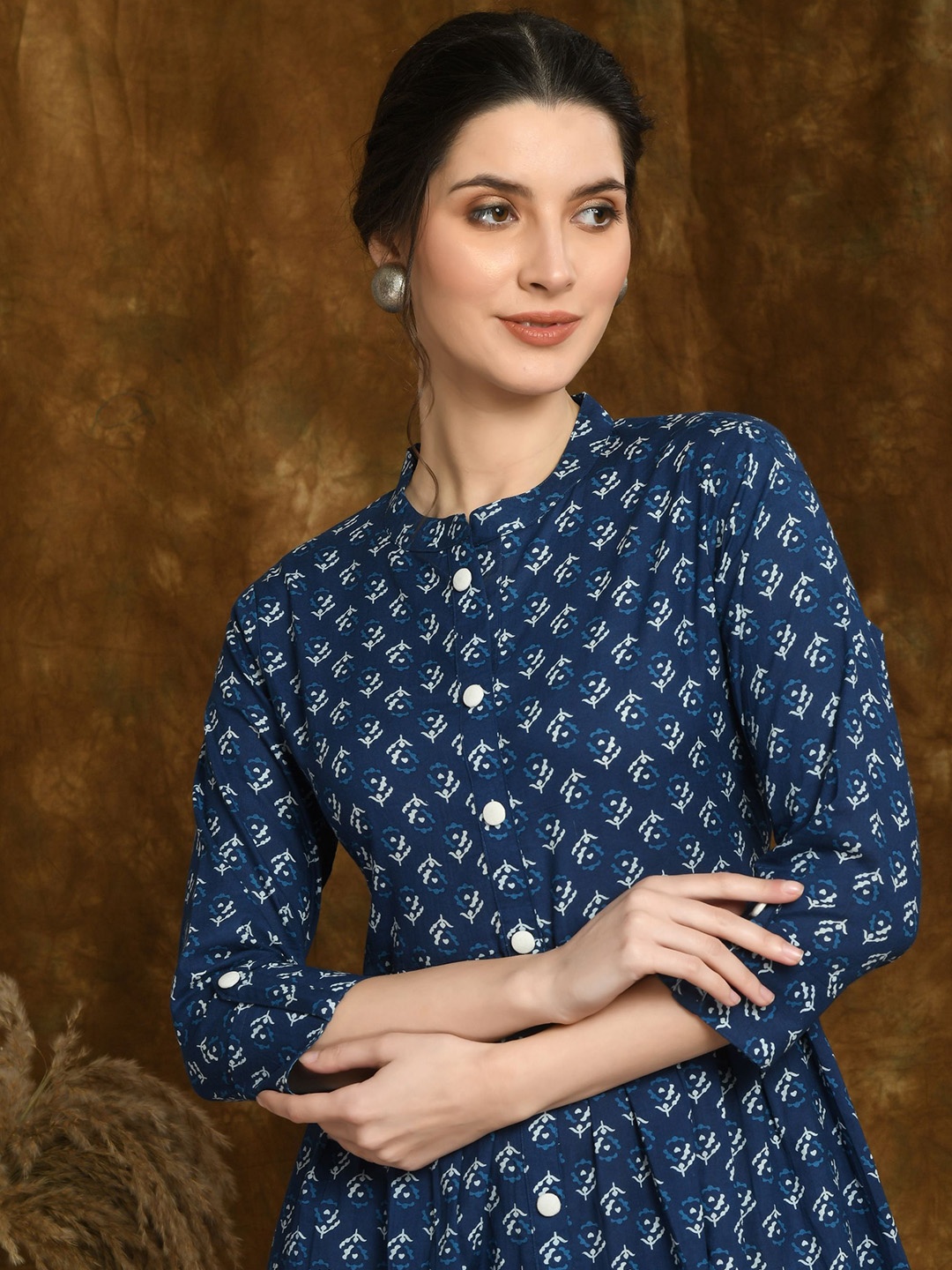 

VIDHANI Floral Printed Mandarin Collar Cotton A-Line Ethnic Dress, Teal