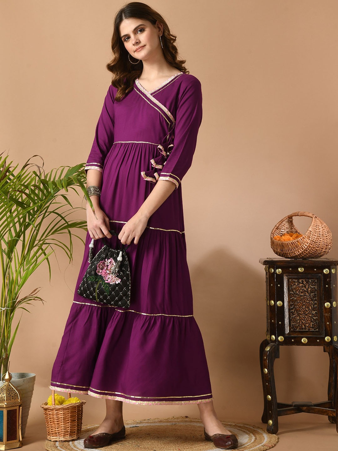 

VIDHANI V Neck Angrakha Style Tiered Anarkali Kurta, Purple