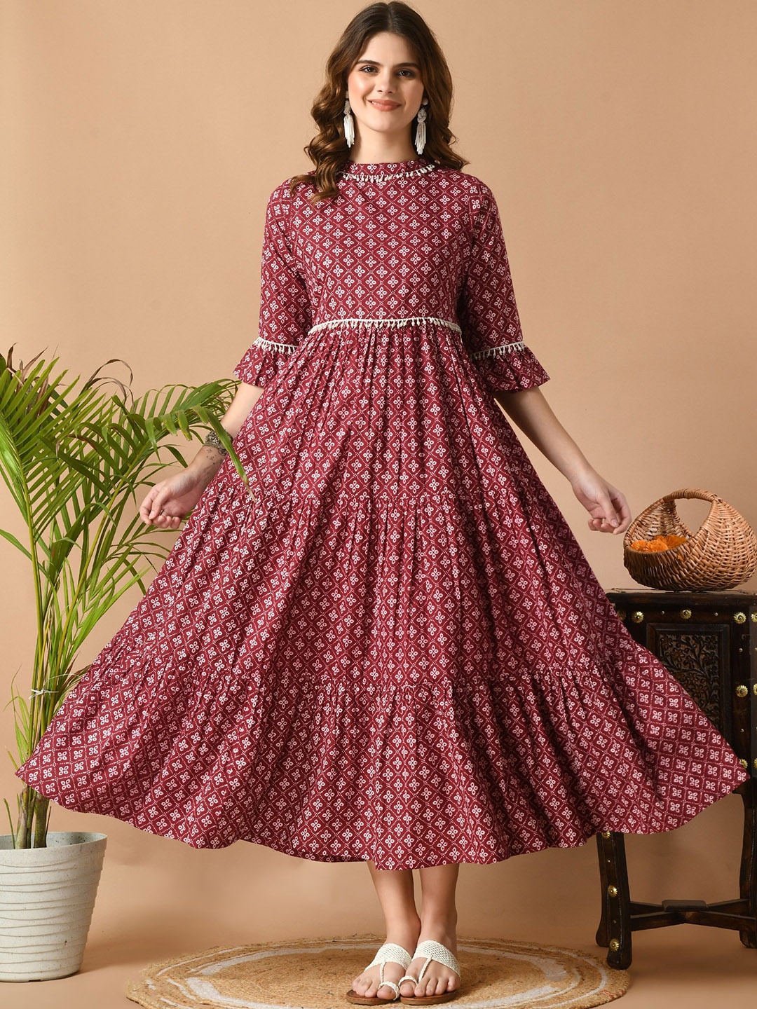

VIDHANI Ethnic Motifs Printed Regular Sleeves Anarkali Kurta, Maroon