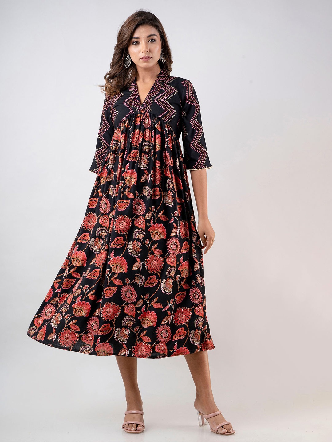 

INDIANIC Floral Print Empire Midi Dress, Black