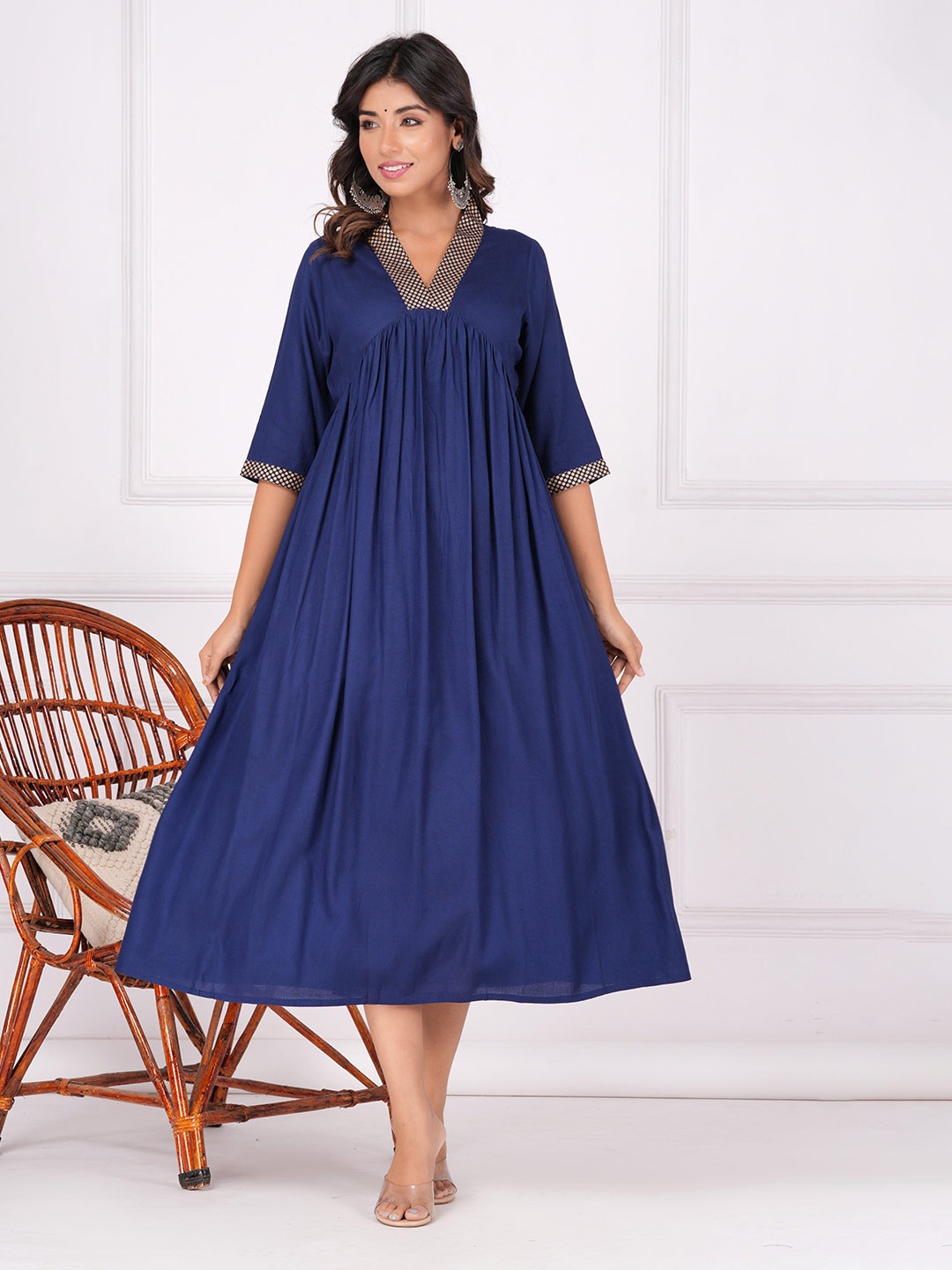 

INDIANIC V-Neck Empire Midi Dress, Blue