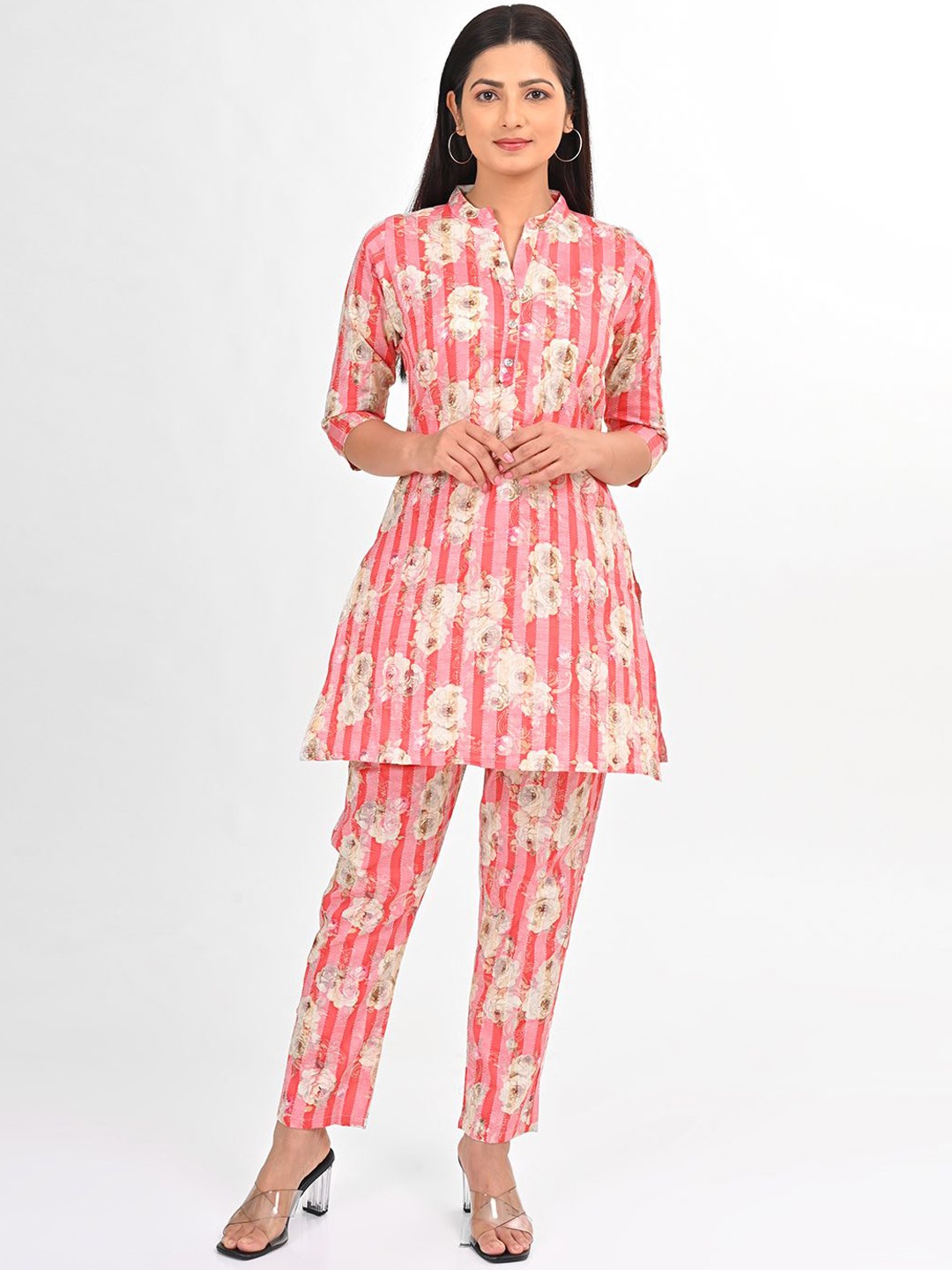

GOLDSTROMS Printed Mandarin Collar Top With Pyjama, Pink