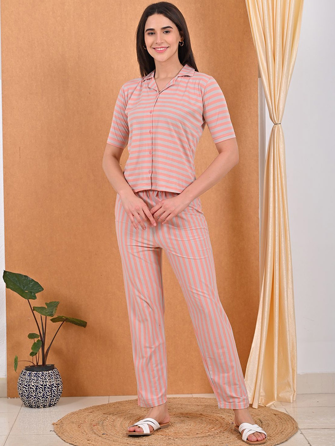 

GOLDSTROMS Striped Lapel Collar Shirt With Pyjama, Peach