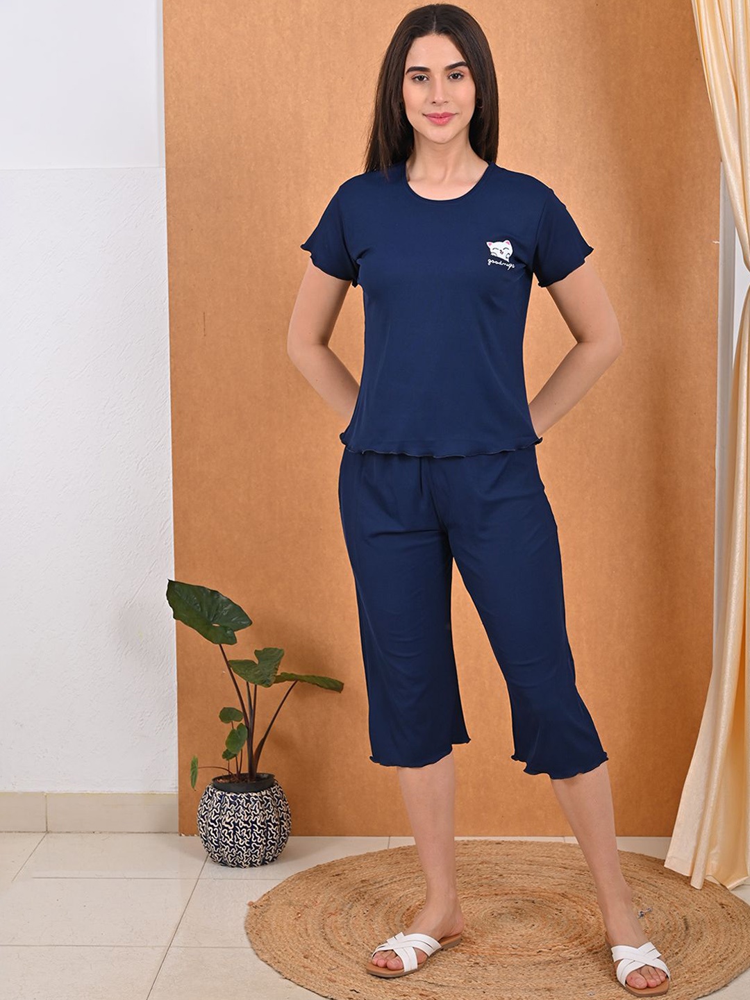 

GOLDSTROMS Round Neck T-Shirt With Capri, Navy blue