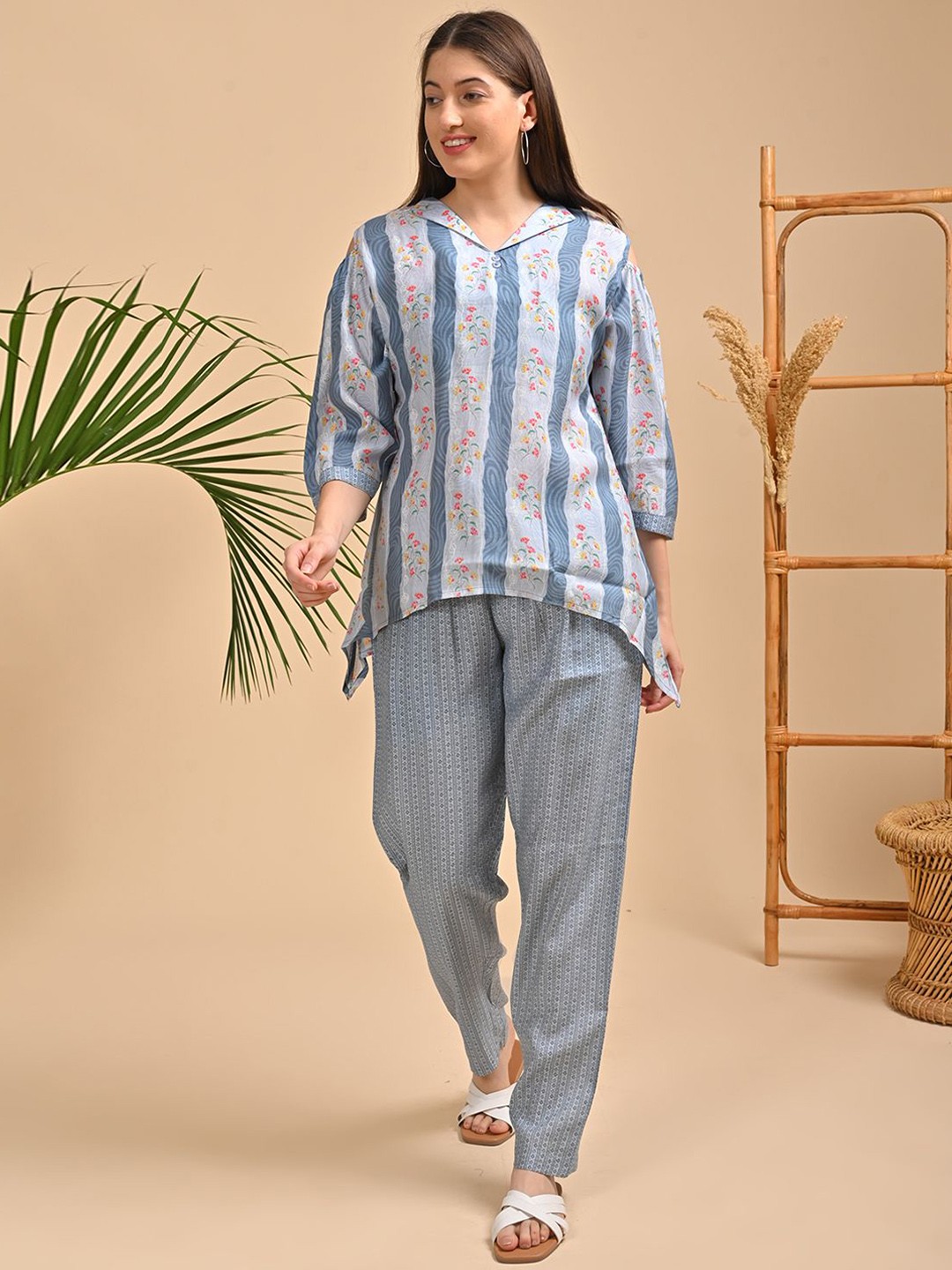 

GOLDSTROMS Printed Lapel Collar Top & Trousers, Blue