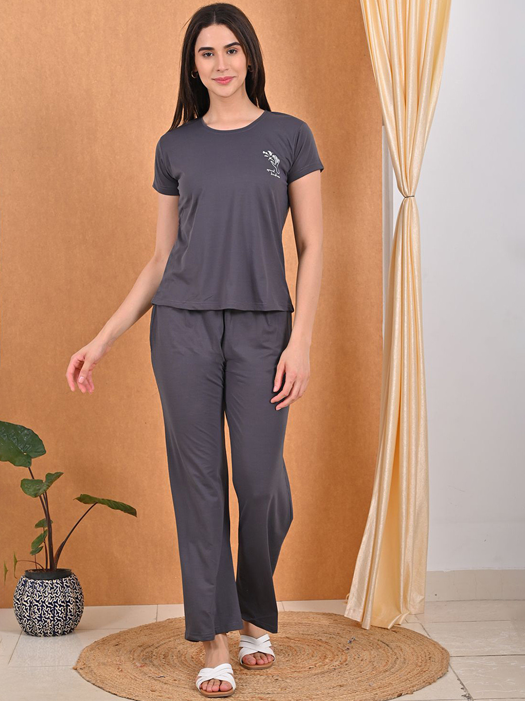 

GOLDSTROMS Round Neck Short Sleeves Night suits, Charcoal
