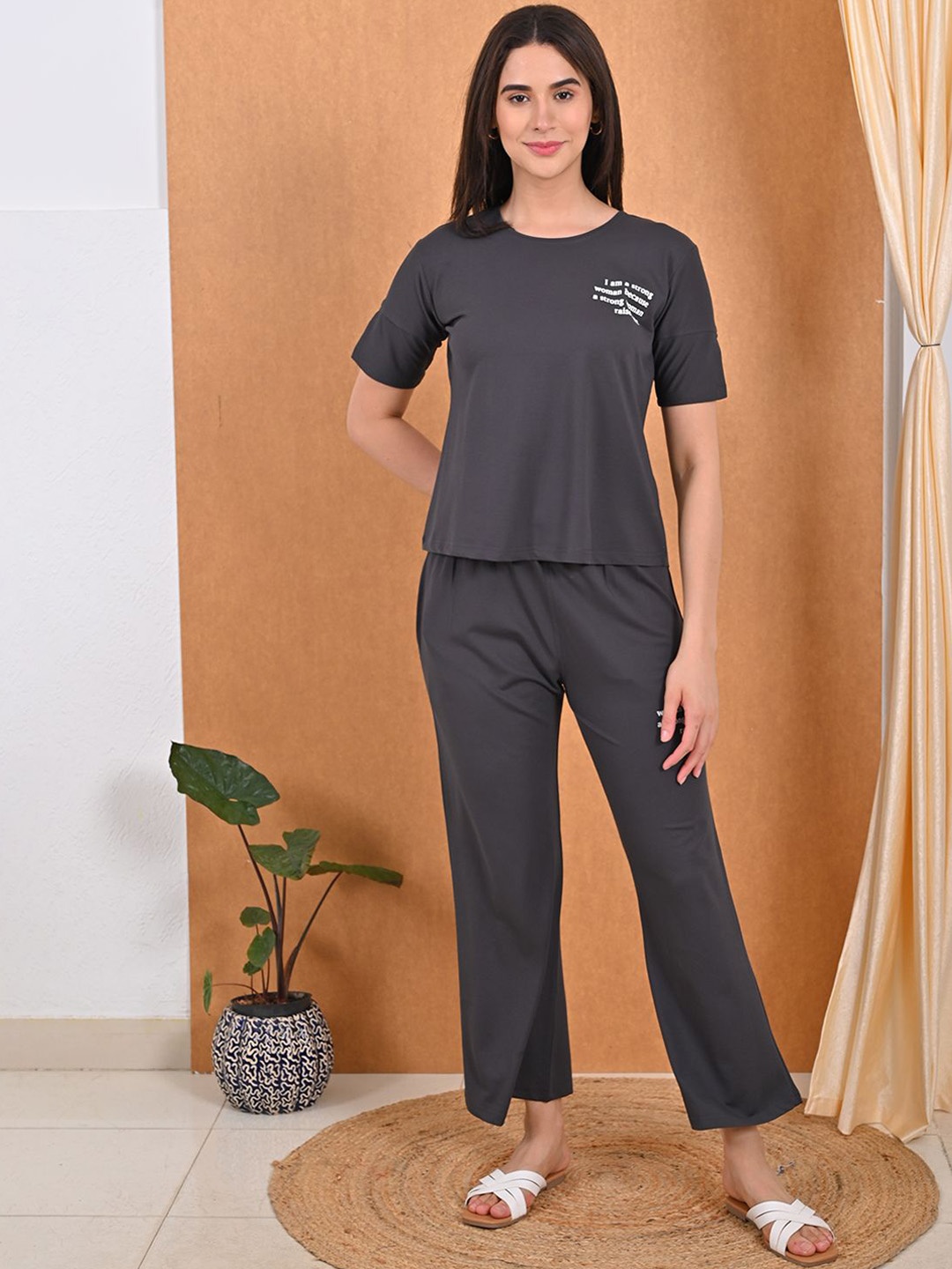 

GOLDSTROMS Typography Printed Round Neck T-shirt With Pyjamas, Charcoal