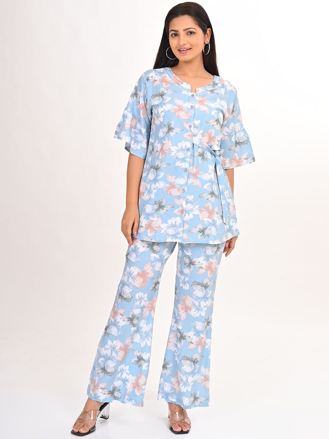 

GOLDSTROMS Floral Printed Round Neck Top With Trousers, Blue