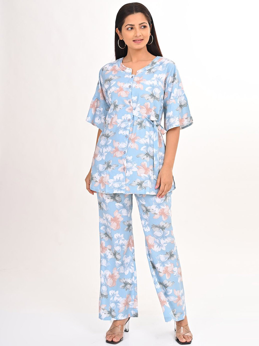 

GOLDSTROMS Floral Printed Round Neck Top With Trousers, Blue