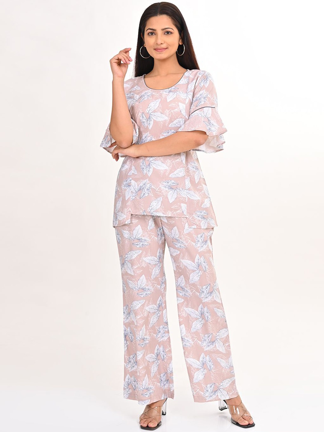 

GOLDSTROMS Floral Printed Bell Sleeves Top & Trousers, Beige
