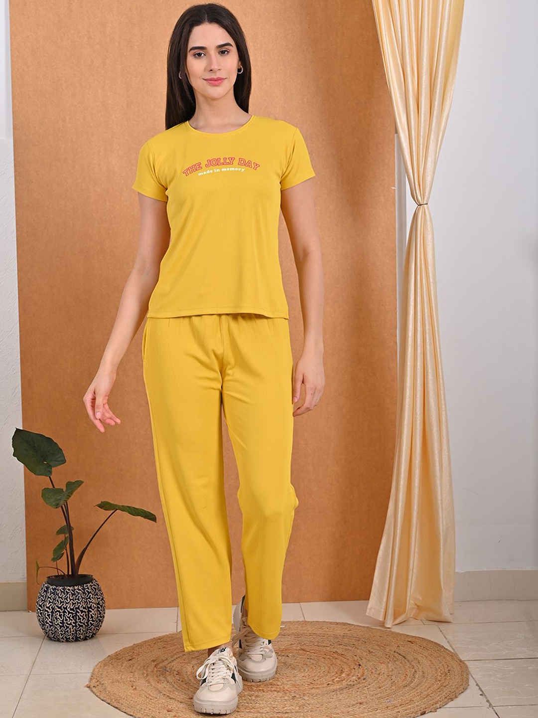 

GOLDSTROMS Typography Printed Round Neck Night suits, Mustard