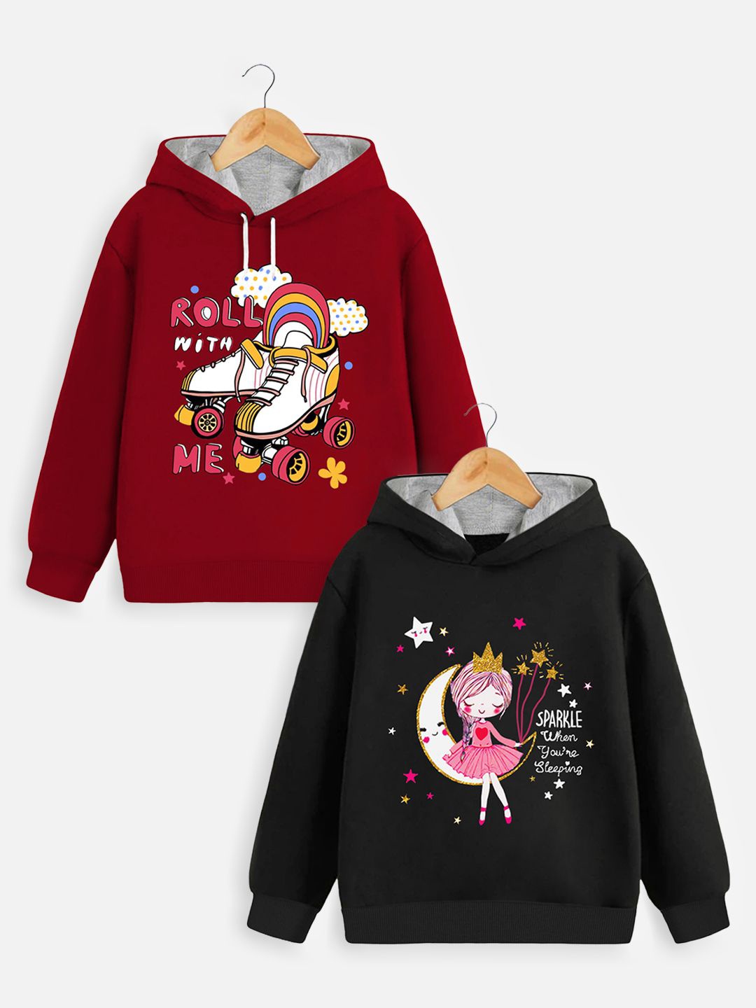 

YK X Trampoline Pack Of 2 Girls Printed Hooded Sweatshirt, Maroon