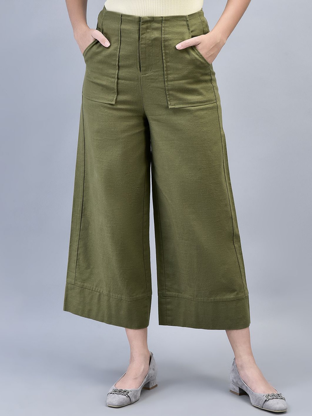 

Woodland Women Loose Fit Parallel Trousers, Green