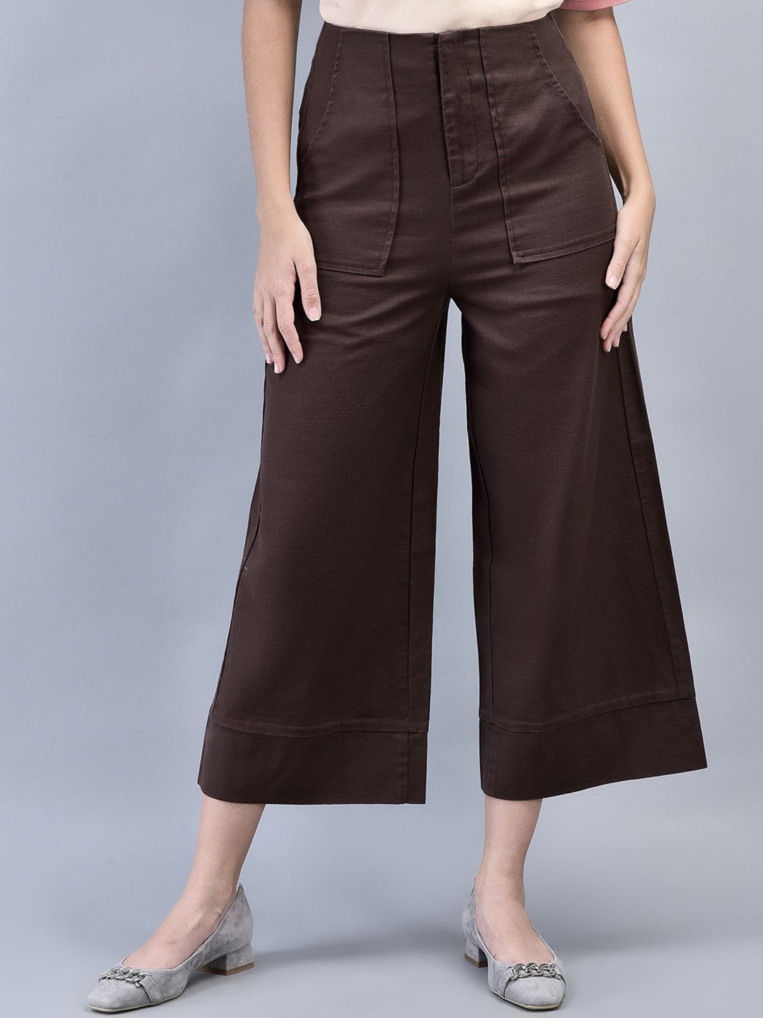 

Woodland Women Pure Cotton Loose Fit Mid-Rise Culottes Trousers, Brown