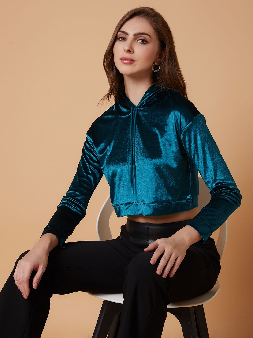 

SHOWOFF Women Solid Printed Hooded Sweatshirt, Teal