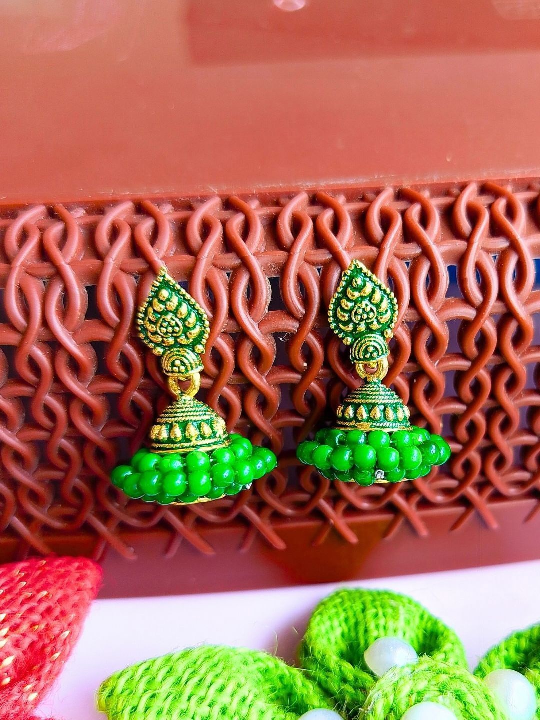 

Anouk Green Brass-Plated Dome Shaped Meenakari Jhumkas