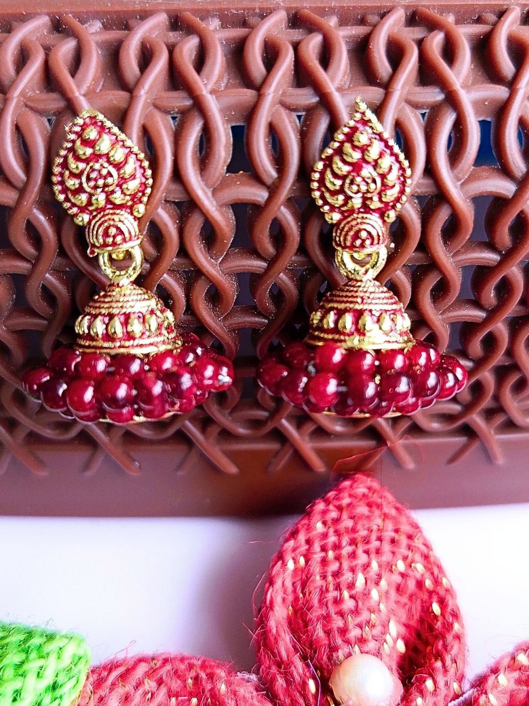 

Anouk Brown Gold Plated Beaded Dome Shaped Meenakari Jhumkas