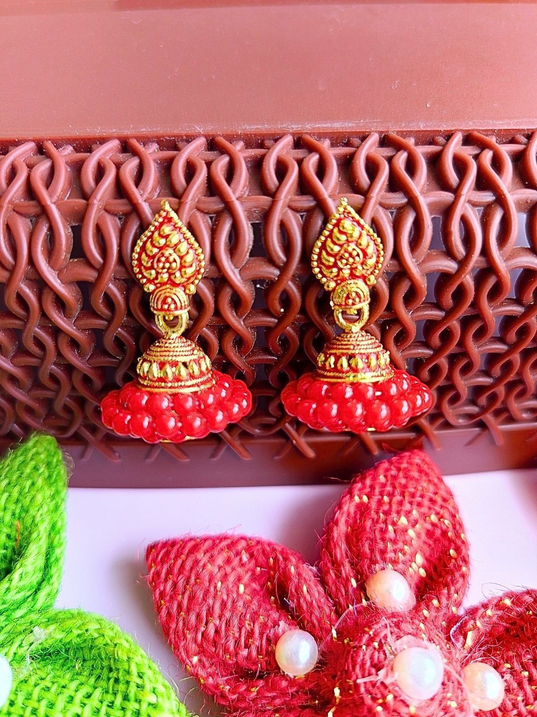 

Anouk Red Gold Plated Beaded Dome Shaped Meenakari Jhumkas