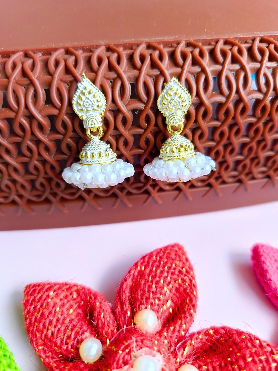 

Anouk Gold-Plated Artificial Stones Studded Teardrop Shaped Meenakari Jhumkas, White