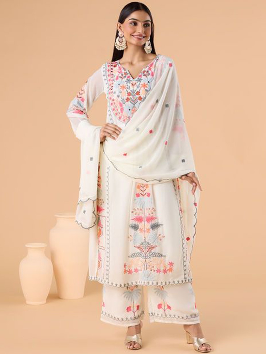 

Fashionuma Floral Embroidered Notched Neck Georgette A-Line Kurta With Trousers & Dupatta, White