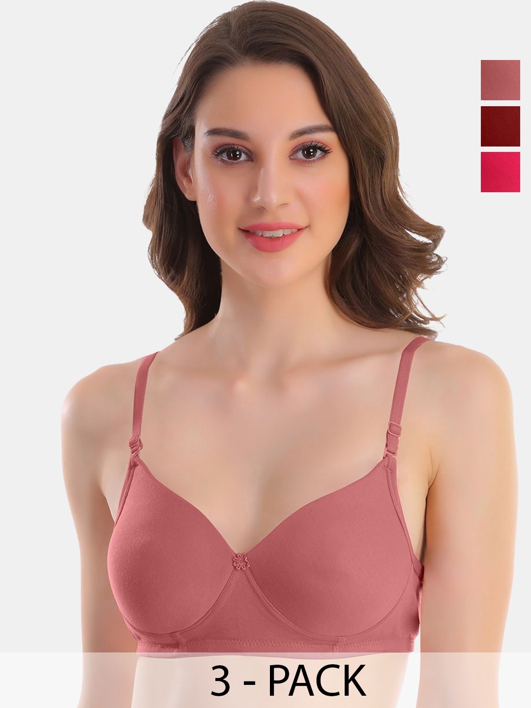 

POOJA RAGENEE Pack Of 3 Full Coverage Anti Odour T-shirt Bras With All Day Comfort, Pink