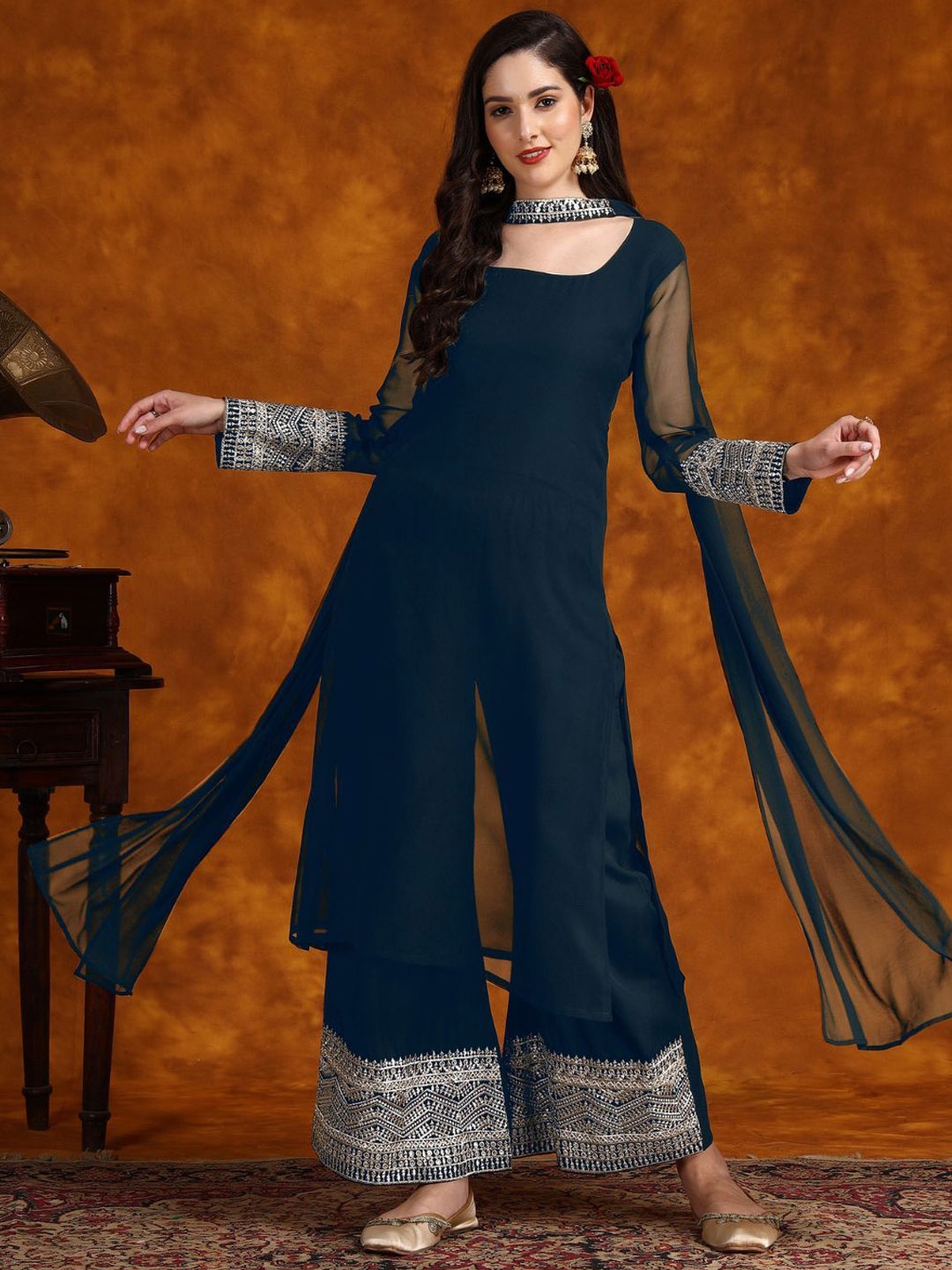 

Sangria Teal Blue Floral Embroidered Straight Kurta With Palazzo & Dupatta Set