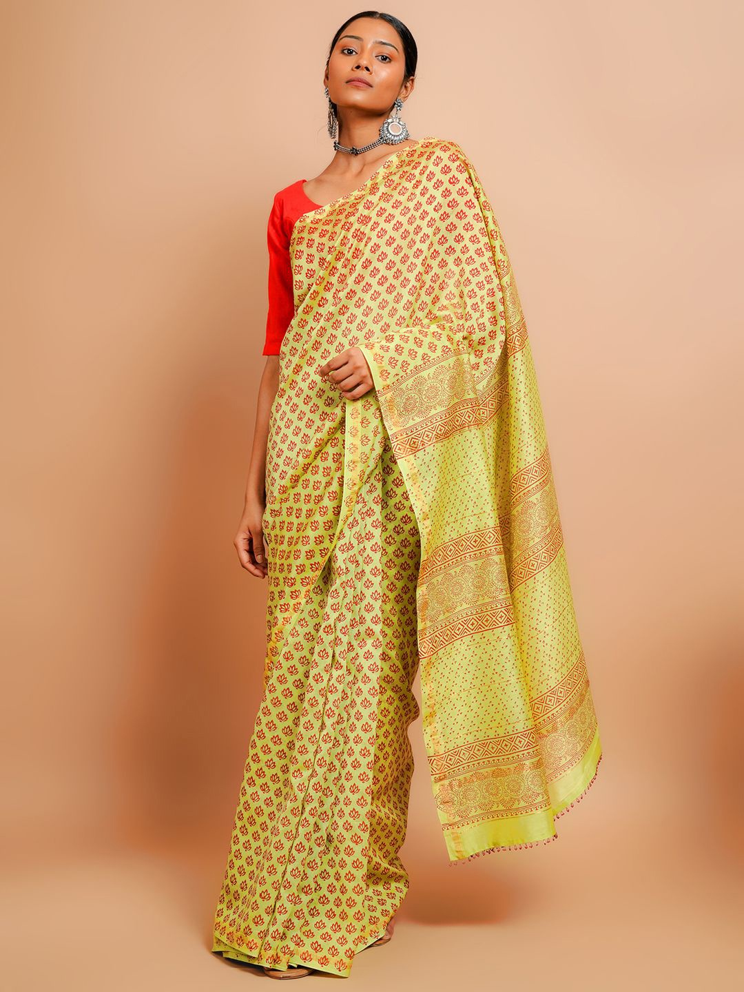

Taavi Ethnic Motif Block Printed Chanderi Saree With Blouse Piece, Olive