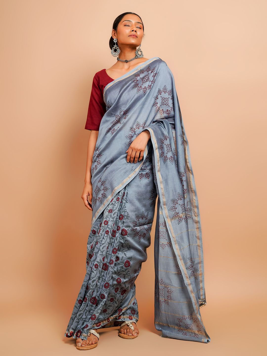 

Taavi Ethnic Motif Block Printed Chanderi Saree With Blouse Piece, Grey