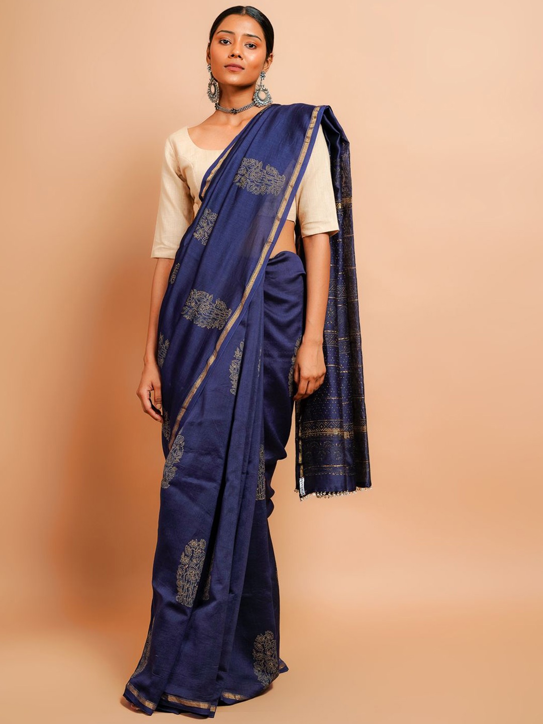 

Taavi Block Printed Chanderi Saree, Blue