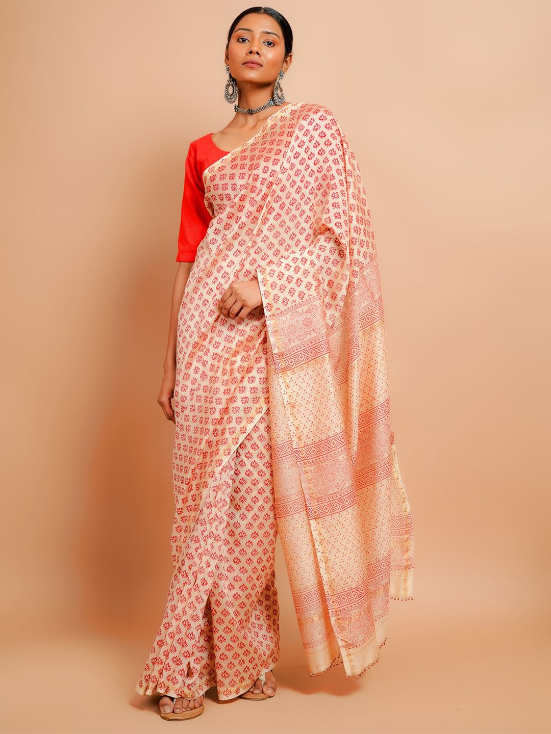 

Taavi Block Printed Chanderi Saree, Beige