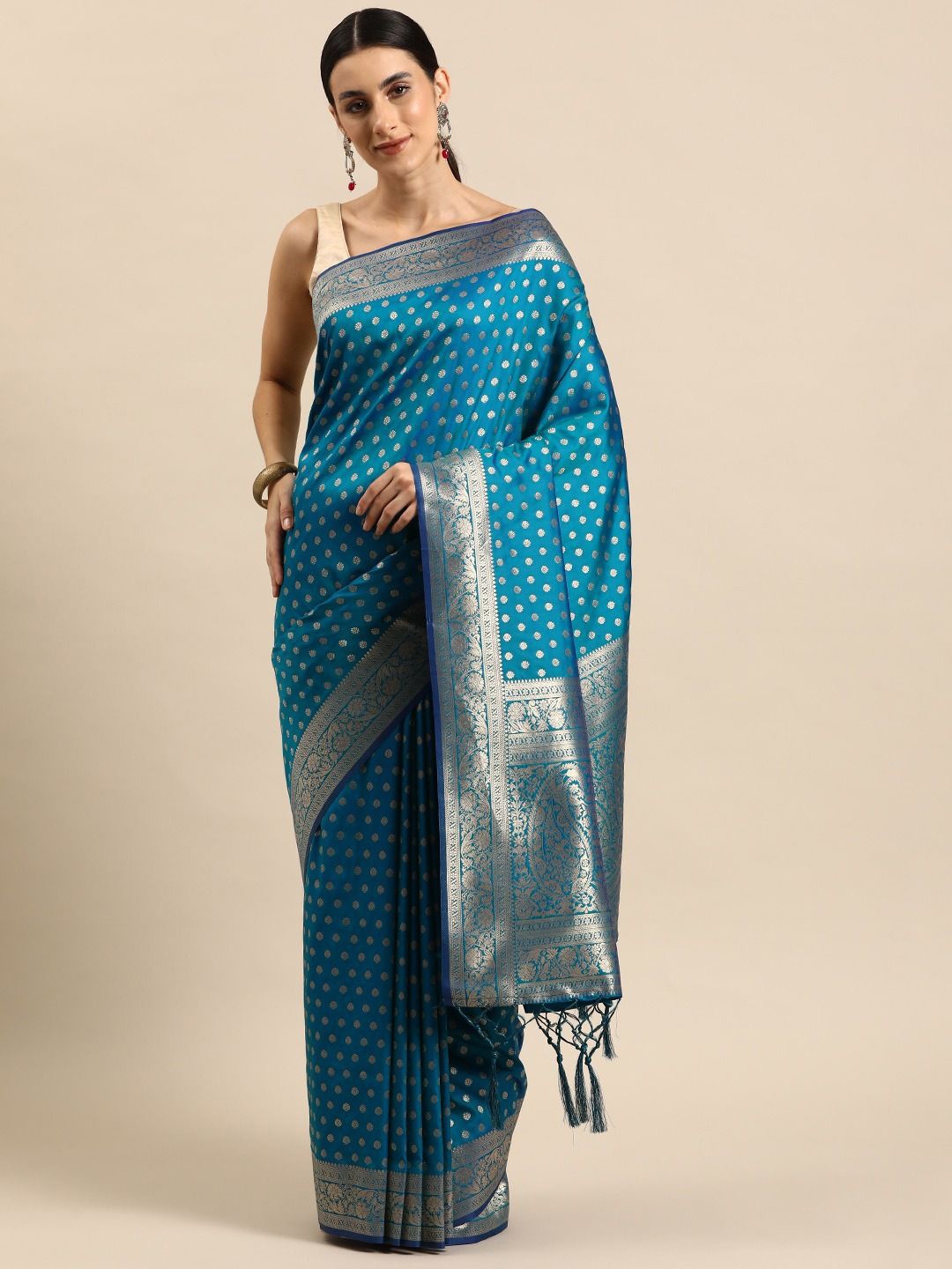 

Panchaamrit Ethnic Motifs Zari Woven Banarasi Saree, Turquoise blue