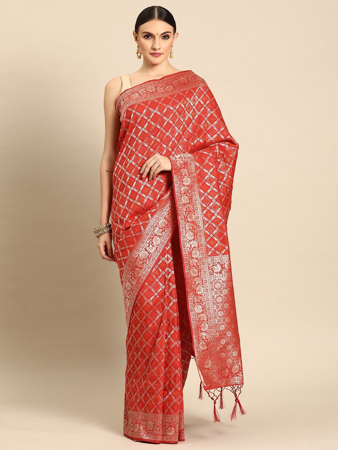 

Panchaamrit Ethnic Motif Woven Border Tassel Design Banarasi Saree, Red