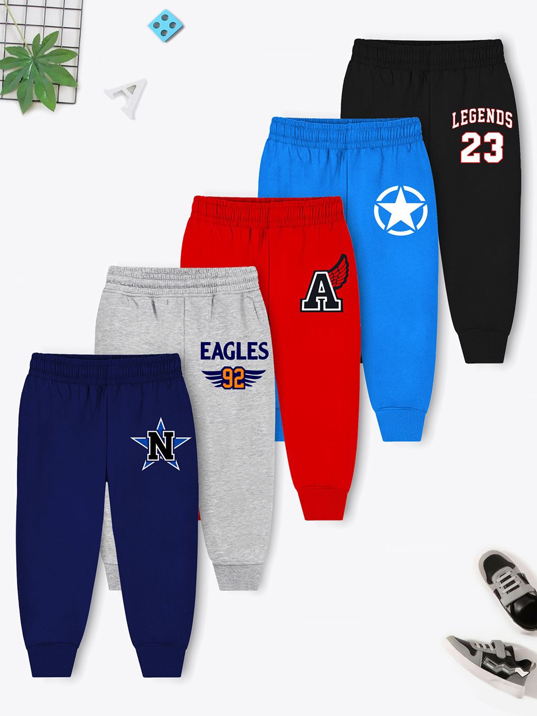

YK X Trampoline Kids Pack Of 5 Printed Cotton Mid Rise Joggers, Blue