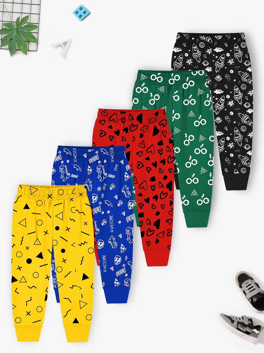 

YK X Trampoline Kids Pack Of 5 Printed Cotton Mid Rise Joggers, Blue